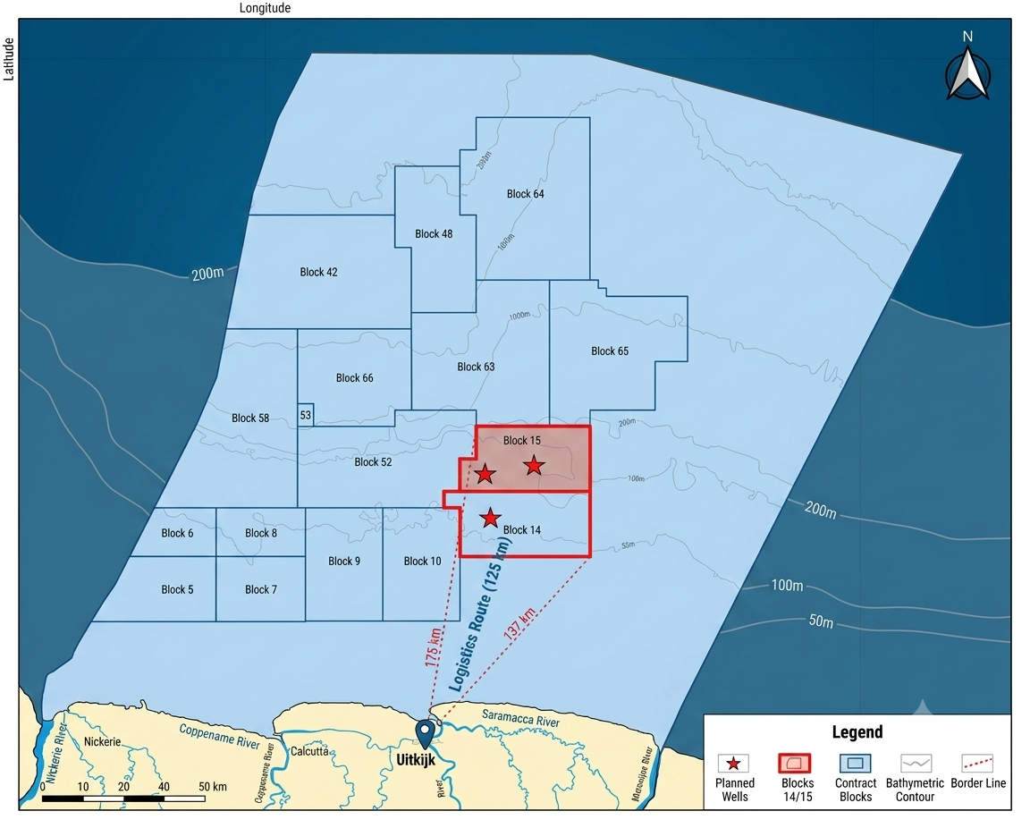 Map of offshore Suriname contract blocks with Blocks 14 and 15 highlighted in red, showing planned wells and the 125 km logistics route from Uitkijk